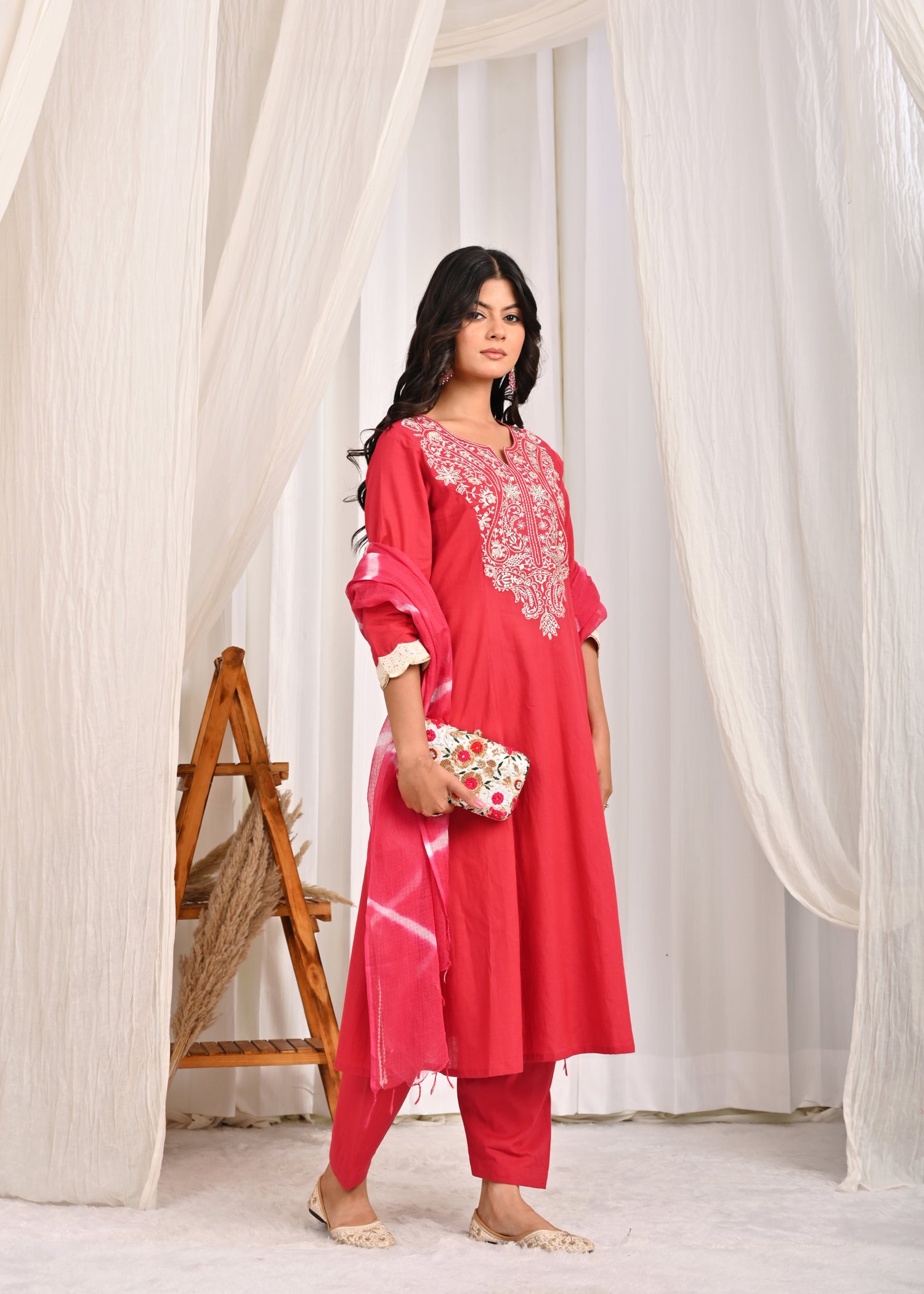 Laal Ritu Embroidered A-Line Kurta Set with Leheriya Dupatta