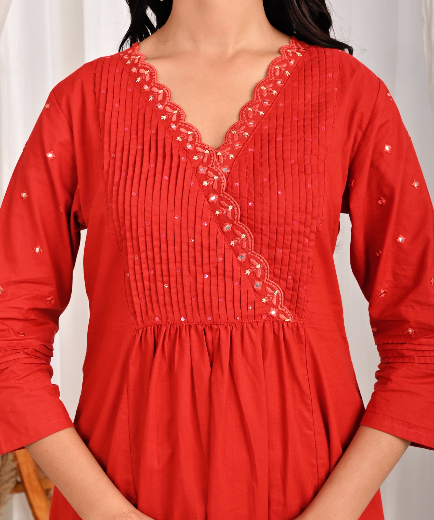 Rangat Pin Tuck A-Line Kurta Kota Doriya Dupatta Set