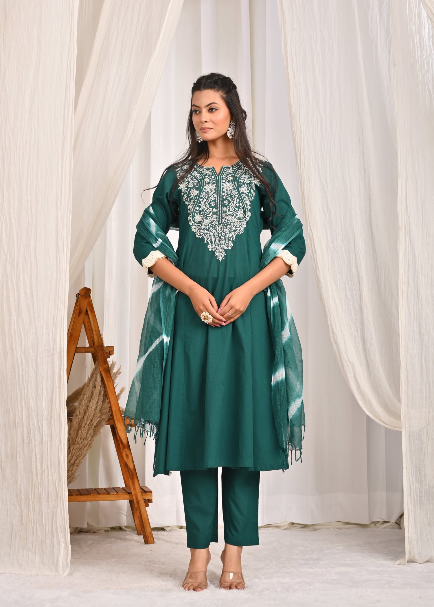 Samrag Embroidered A-Line Kurta Set with Leheriya Dupatta