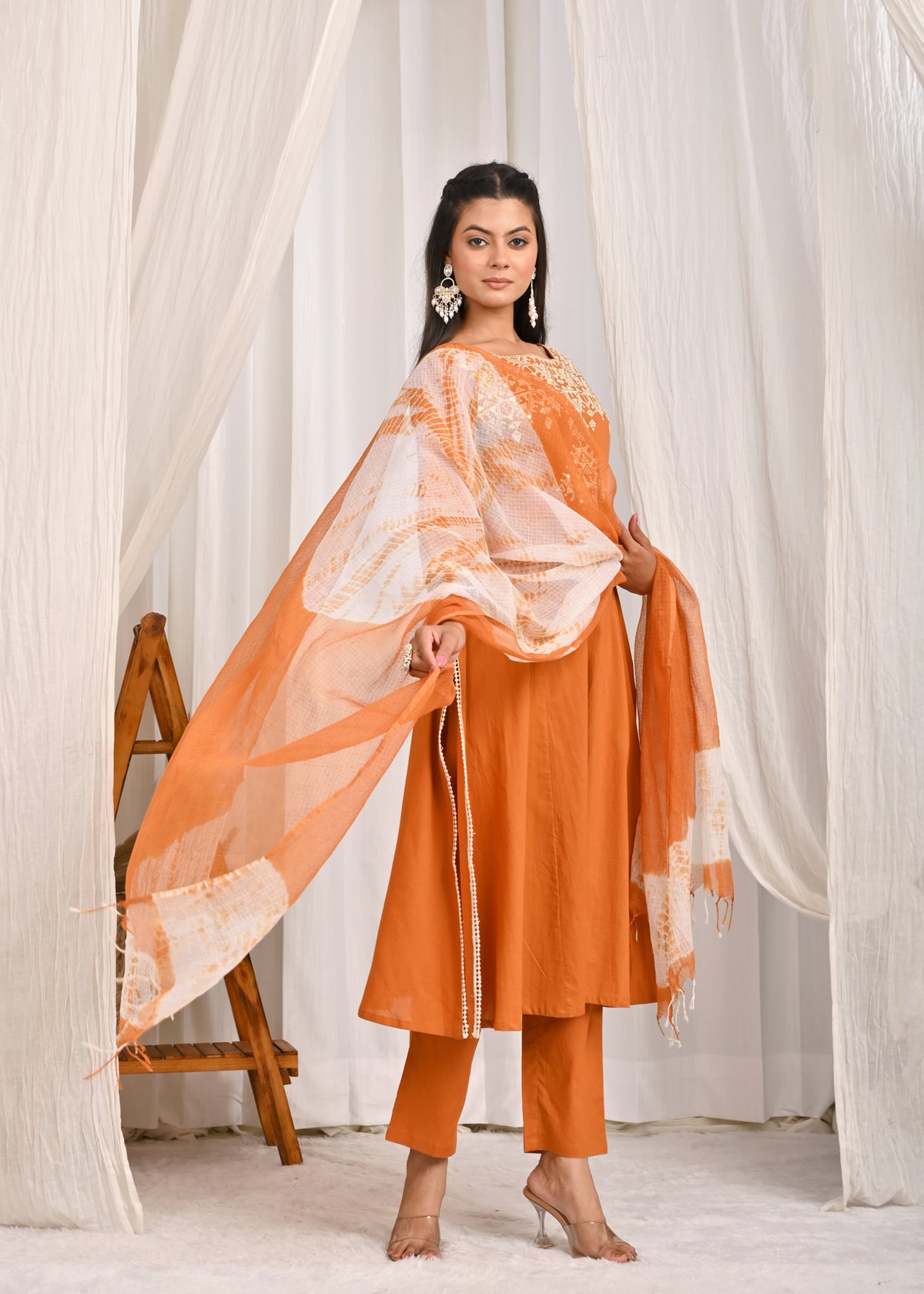 Basanti Embroidered A-Line Kurta Set with Bandhej Dupatta