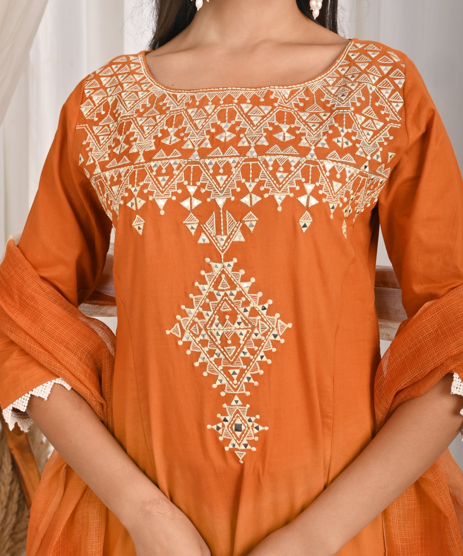 Basanti Embroidered A-Line Kurta Set with Bandhej Dupatta