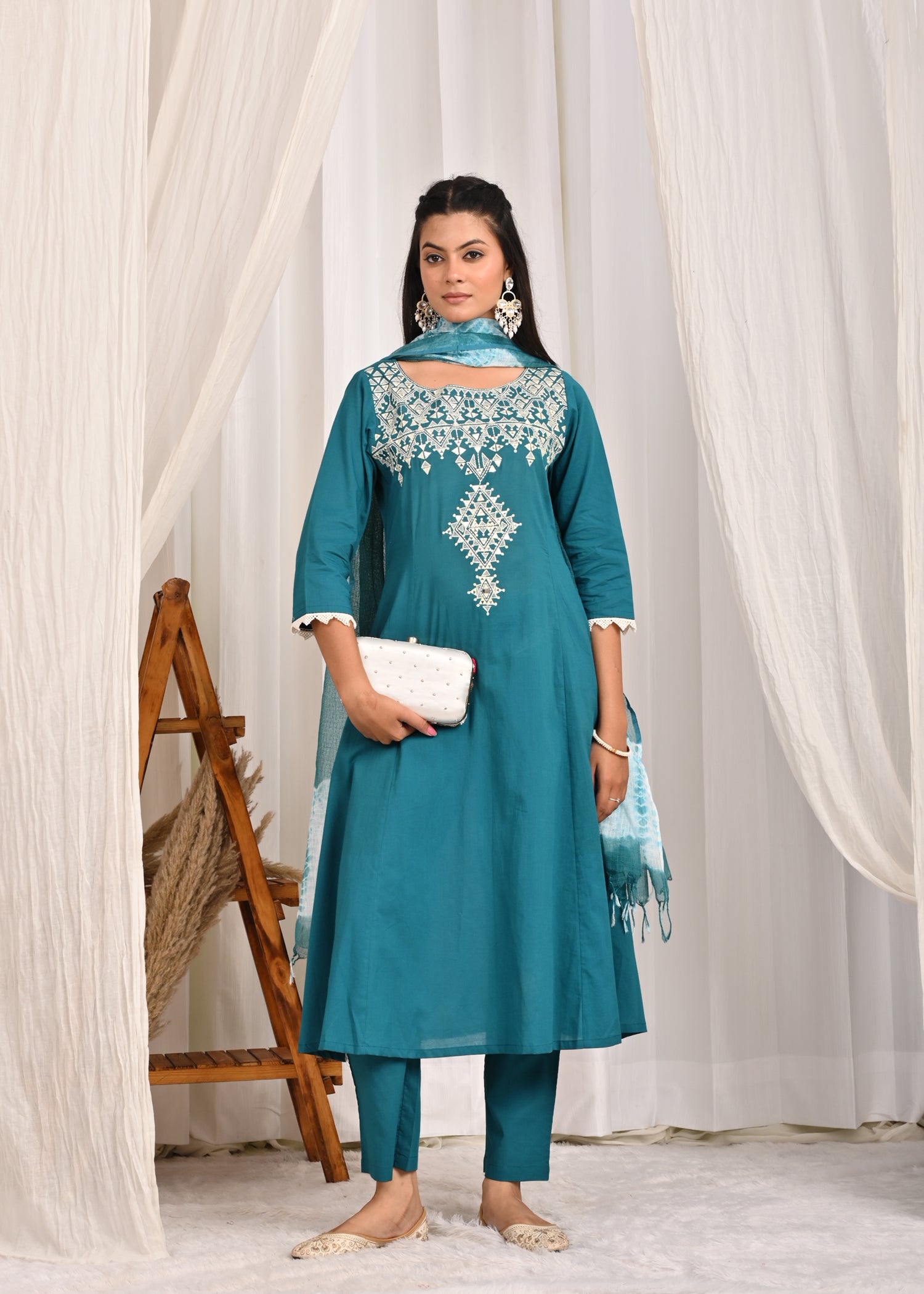 Neelaabh Embroidered A-Line Kurta Set with Bandhej Dupatta