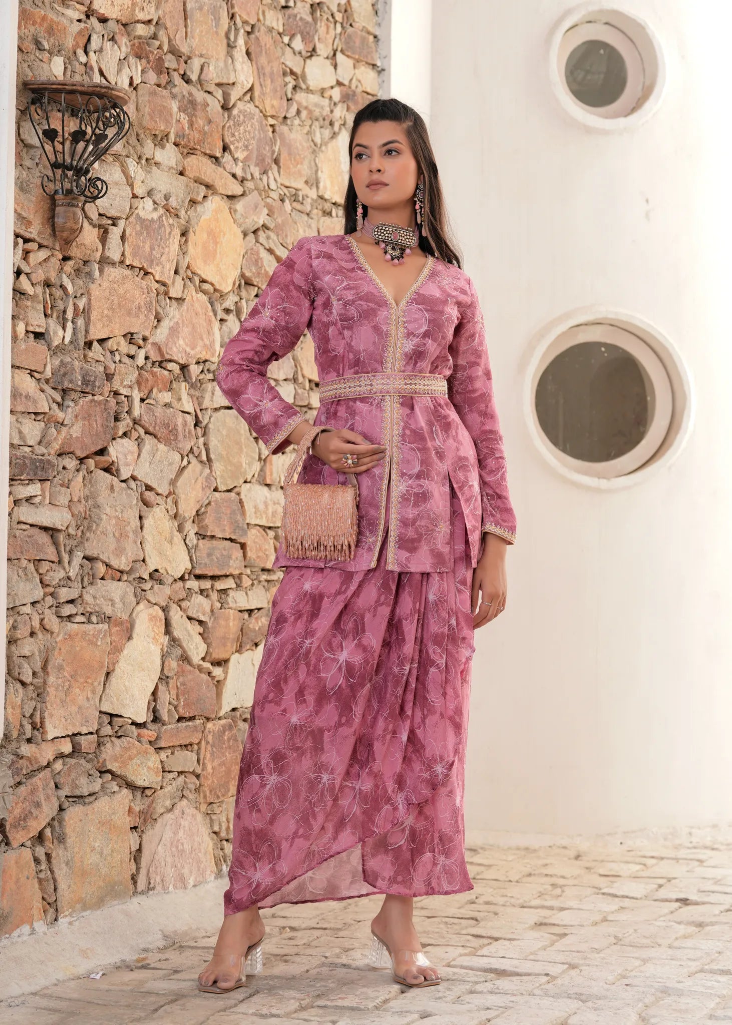 Onion Pink Bada Phool Hand Work Jacket Style Kurta with Drape Skirt
