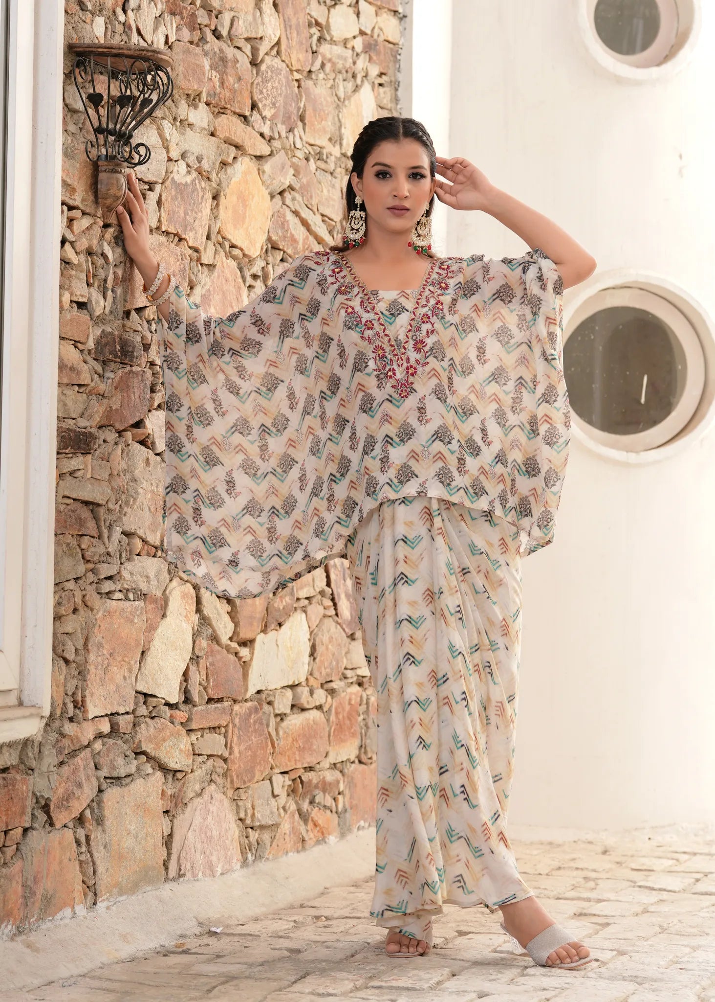 Ivory Zardozi Embroidered Kaftan Draped Skirt Fusion Set