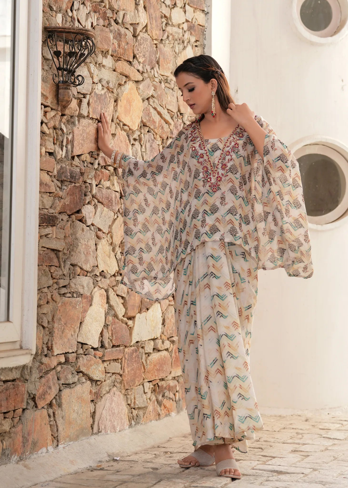 Ivory Zardozi Embroidered Kaftan Draped Skirt Fusion Set