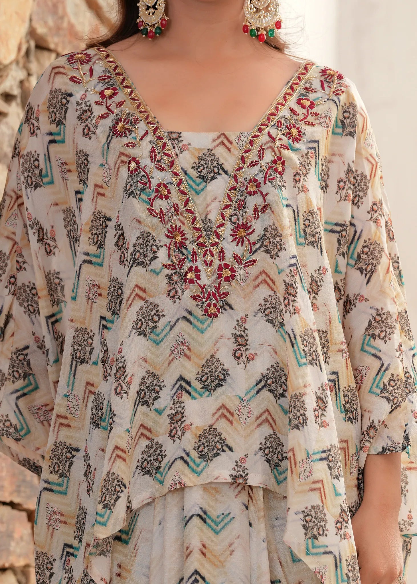 Ivory Zardozi Embroidered Kaftan Draped Skirt Fusion Set