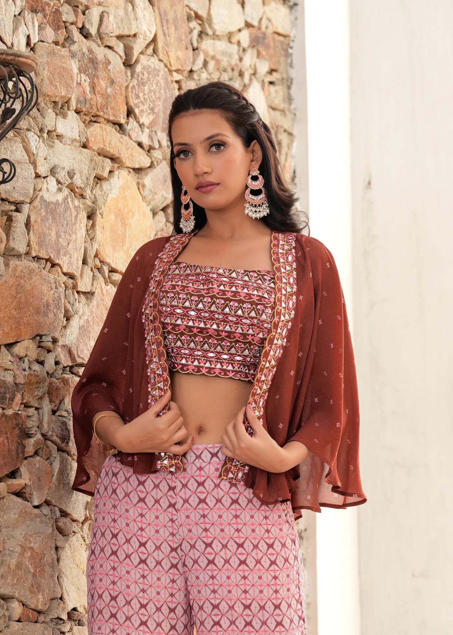 Biscuit Brown Cape & Mirror Work Top with Sharara Fusion Set