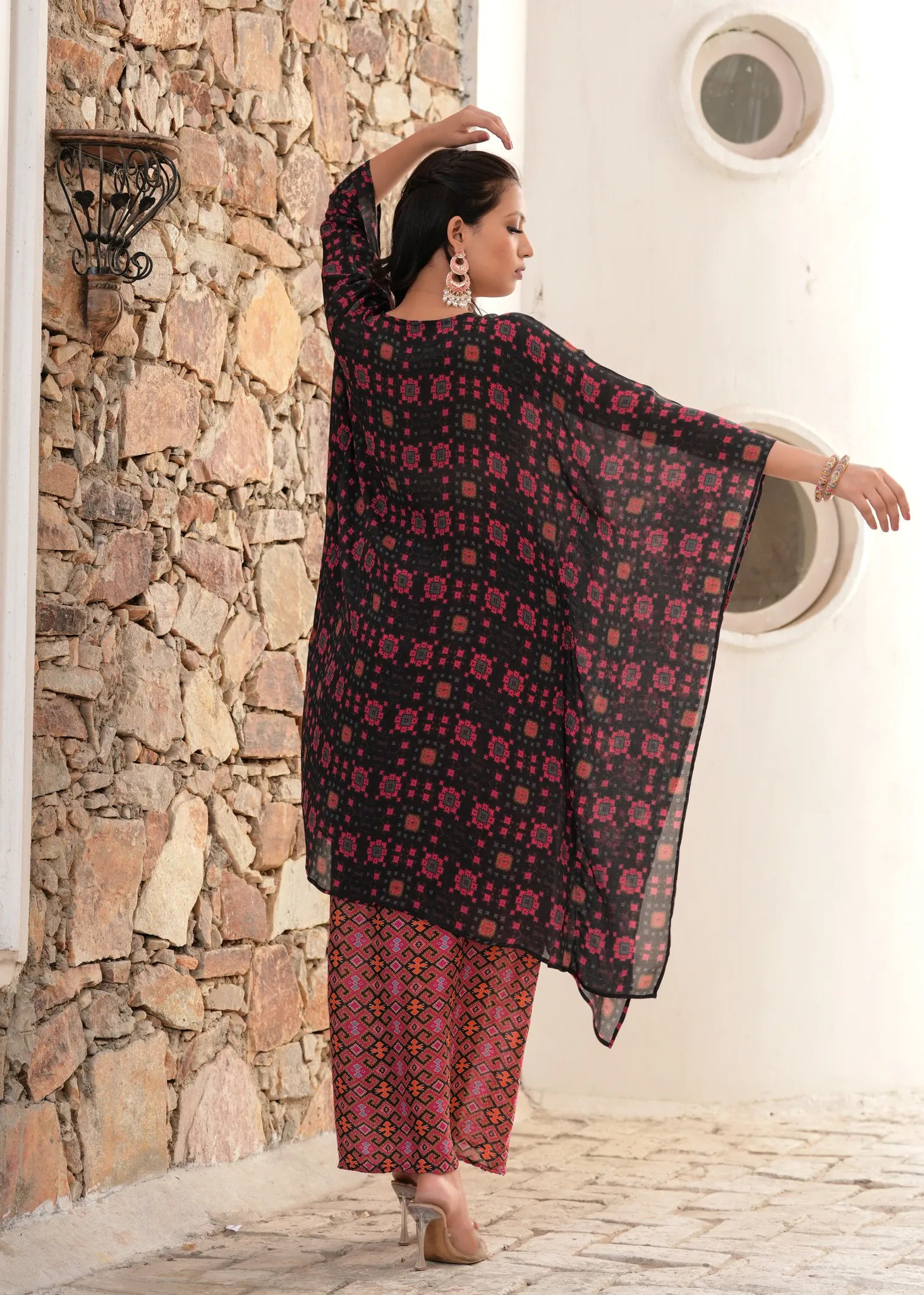 Gypsy & Boho Embroidered Black Kaftan Draped Skirt Fusion Set