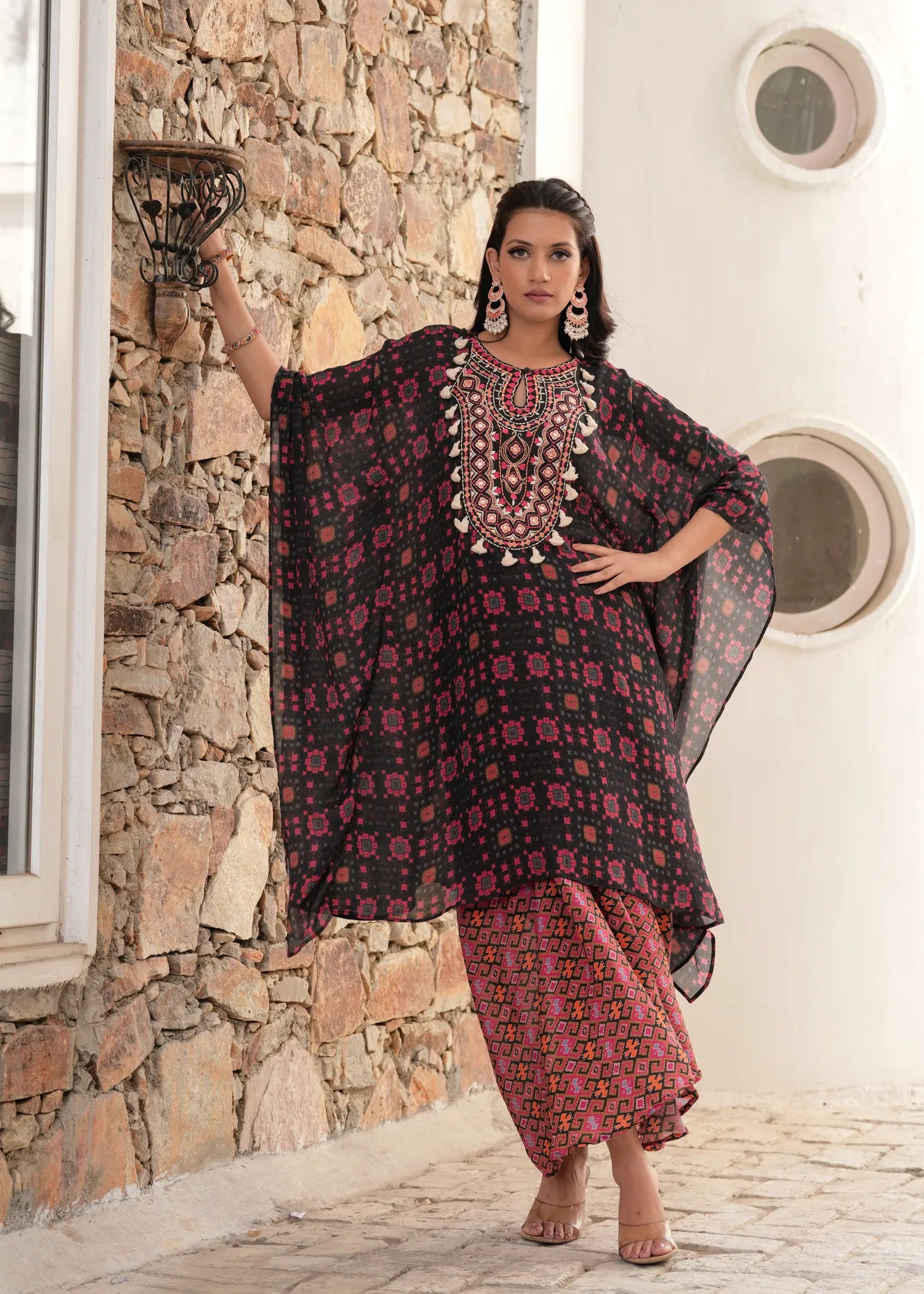 Gypsy & Boho Embroidered Black Kaftan Draped Skirt Fusion Set