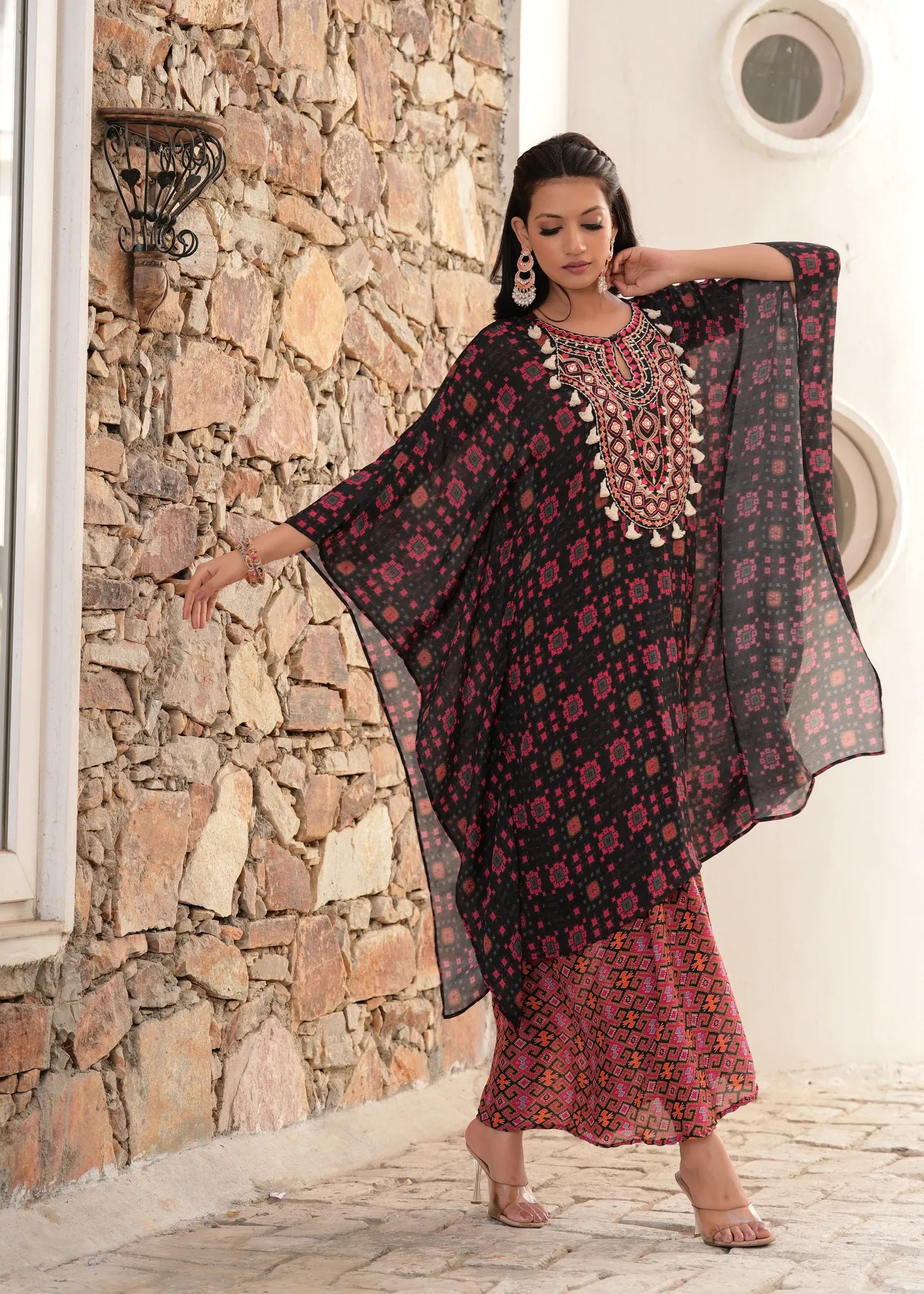 Gypsy & Boho Embroidered Black Kaftan Draped Skirt Fusion Set