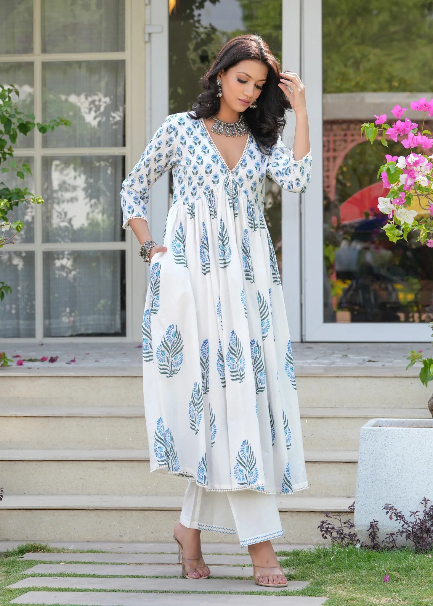 Gunaar White Blue Gathered A-Line Kurta Set