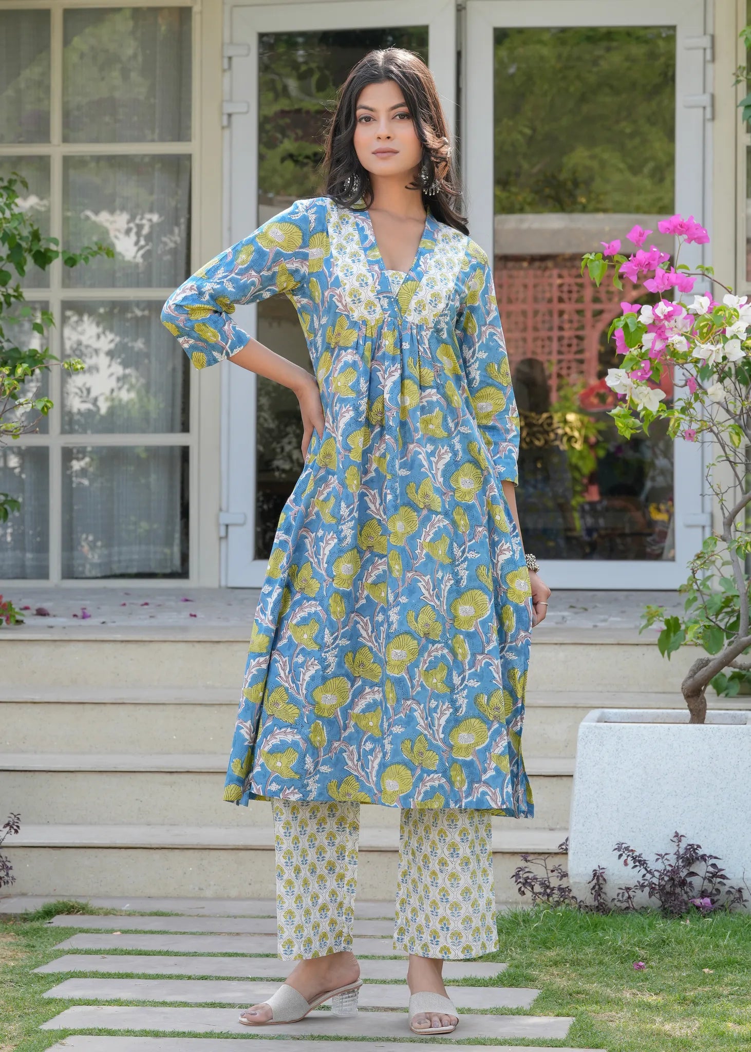 Aqua Floral Hand Blocked A-Line Kurta Set