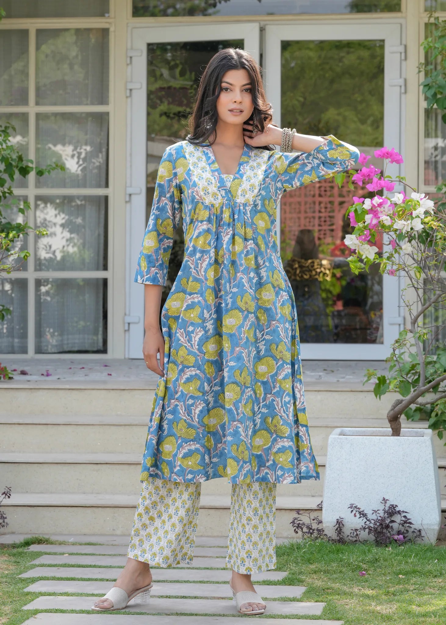 Aqua Floral Hand Blocked A-Line Kurta Set
