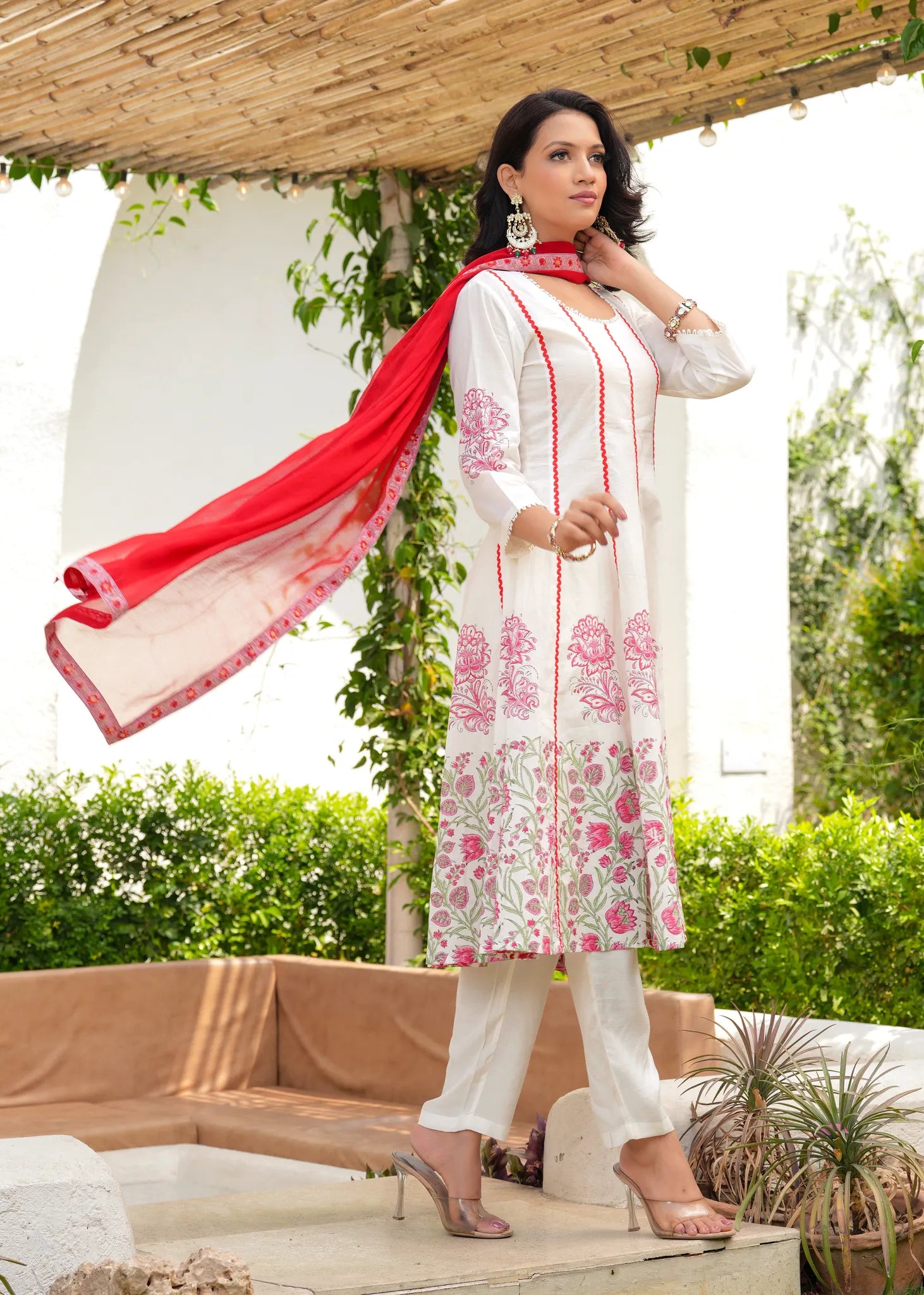 Aabha Pristine White Hand Blocked Anarkali Set