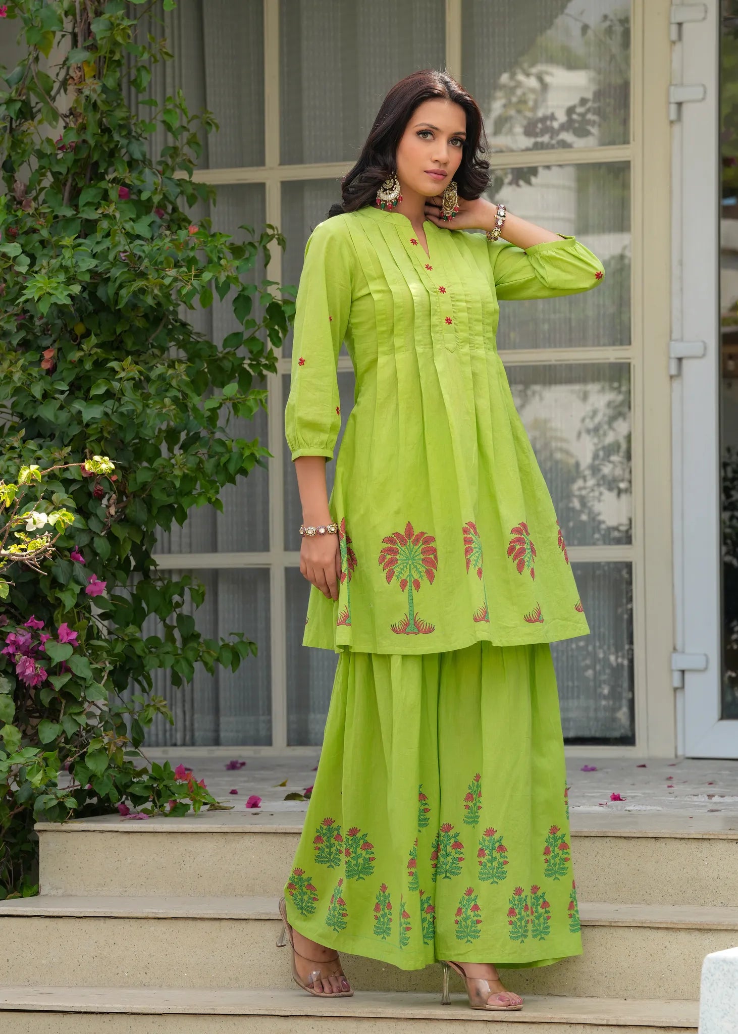 Tota Green hand Blocked Cotton Pintuck Kurta Sharara Set