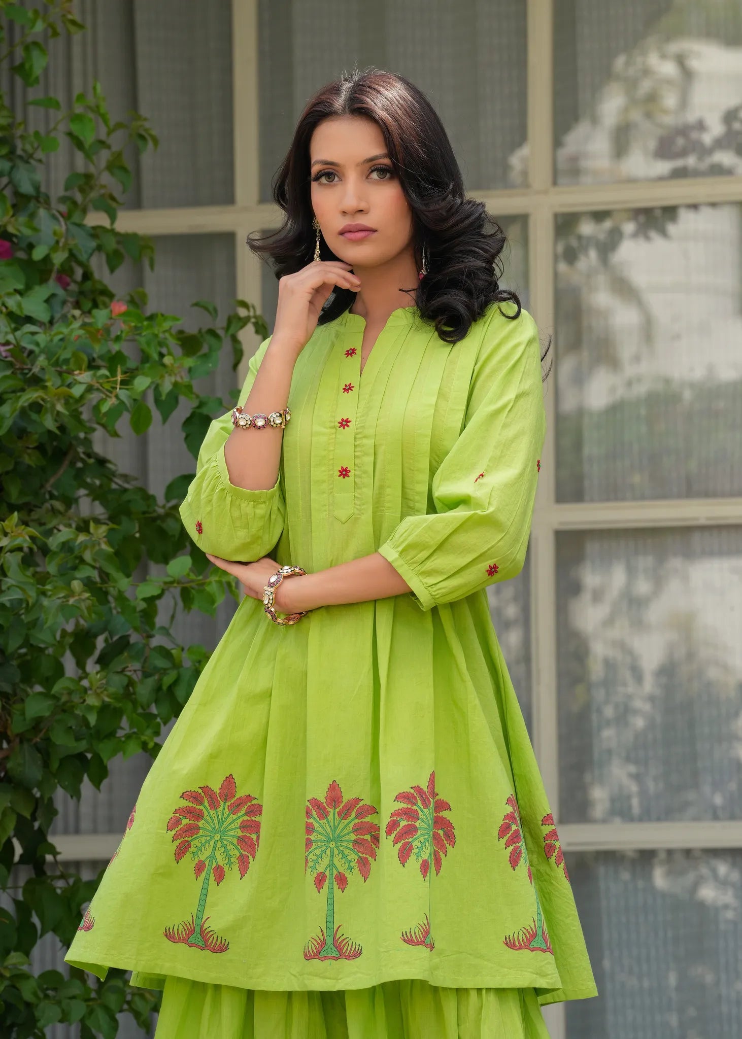 Tota Green hand Blocked Cotton Pintuck Kurta Sharara Set