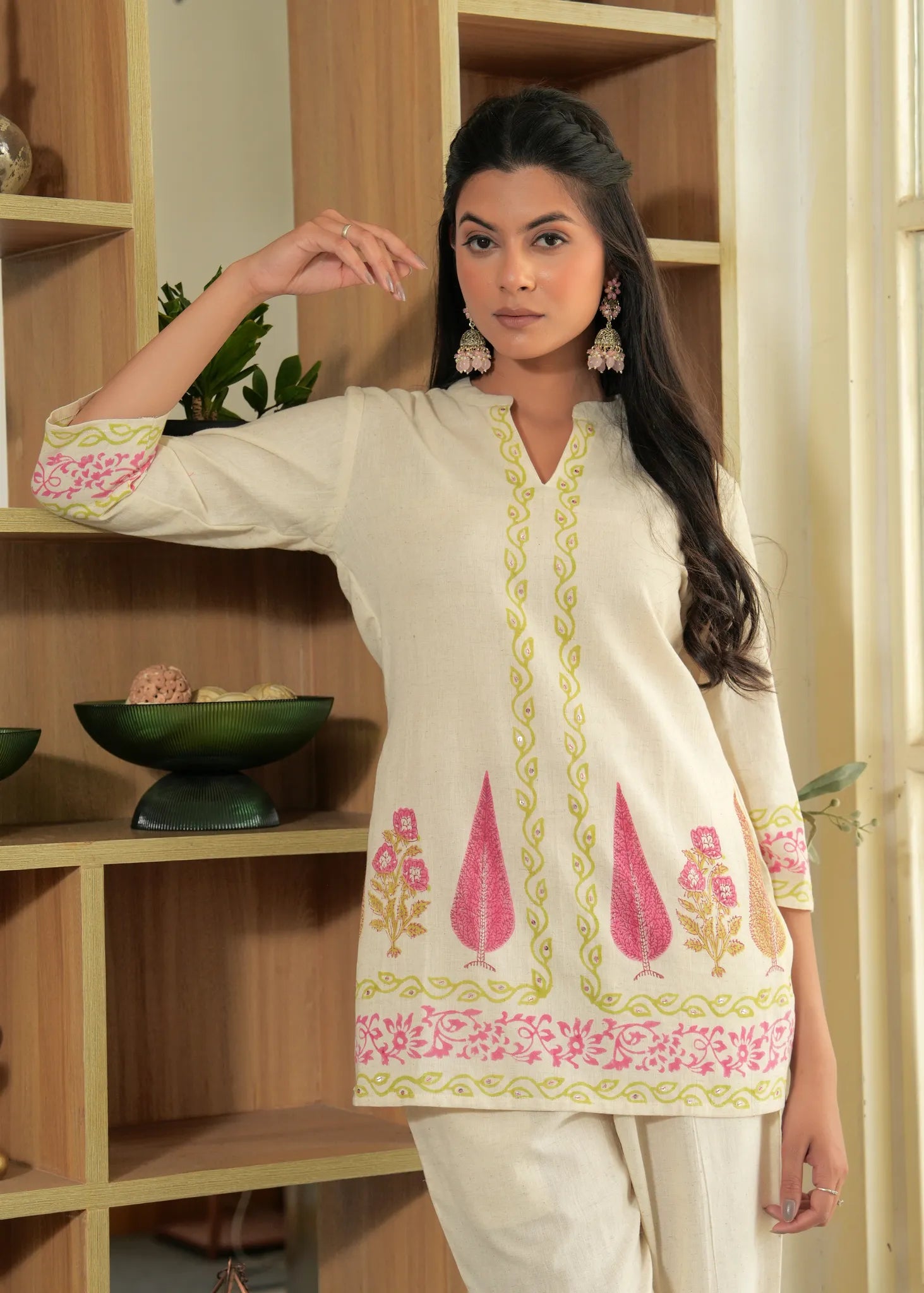 Cream Floral Hand Blocked Straight Fit Coord Set