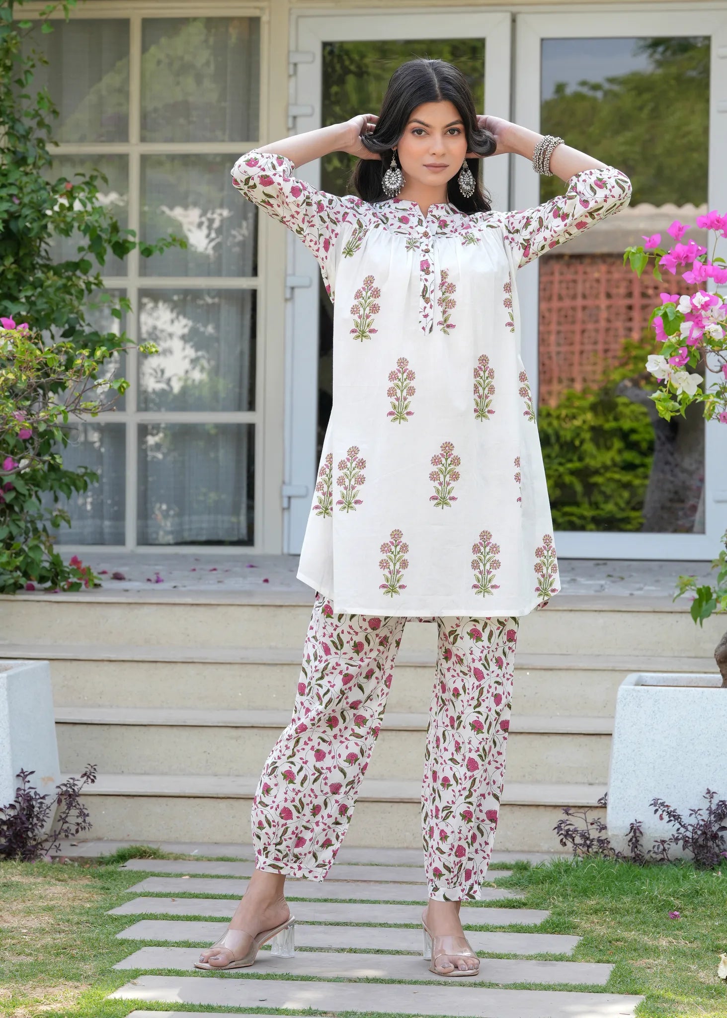 Buti Jaal White Hand Blocked Printed A-Line Coord Set