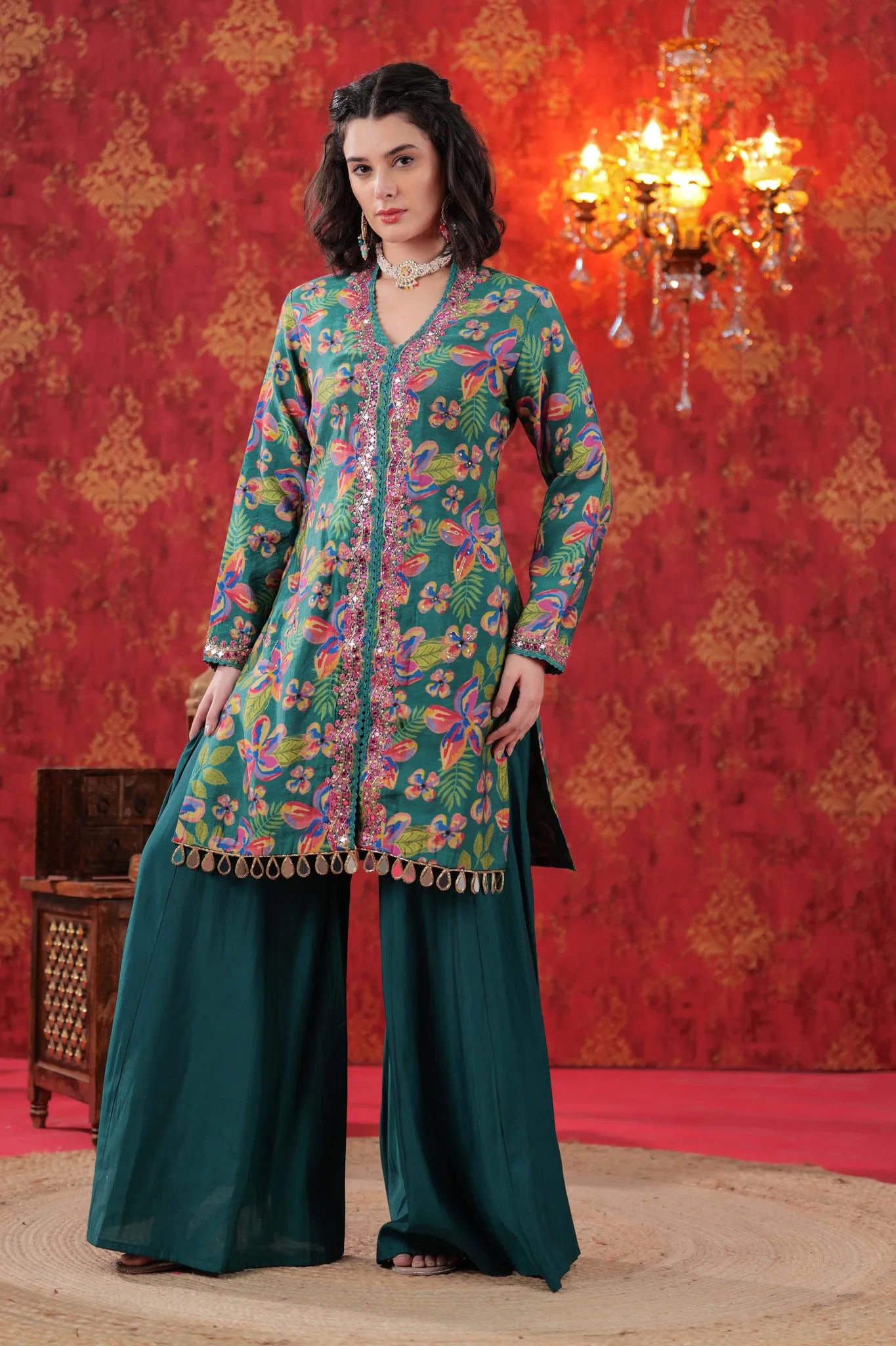 Moss Green Hand Embellished Sharara Set