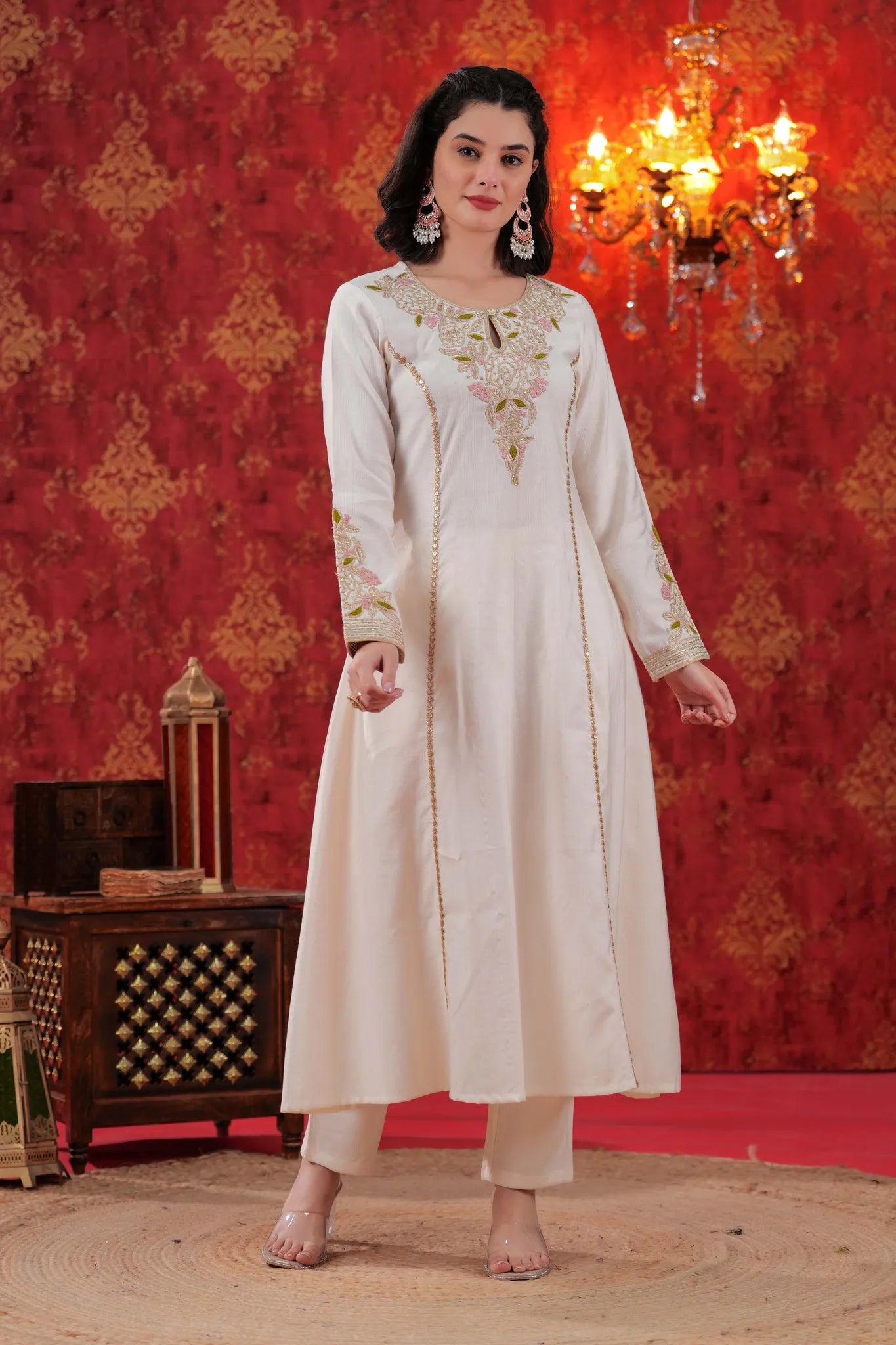 Soft Pearl Hand Painted A-Line Kurta Dupatta Set