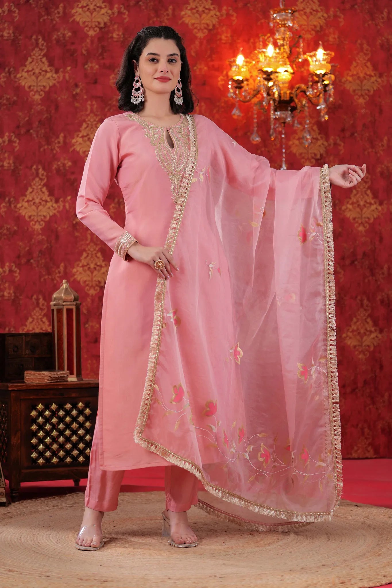 Baby Pink Hand Painted Straight Kurta Dupatta Set