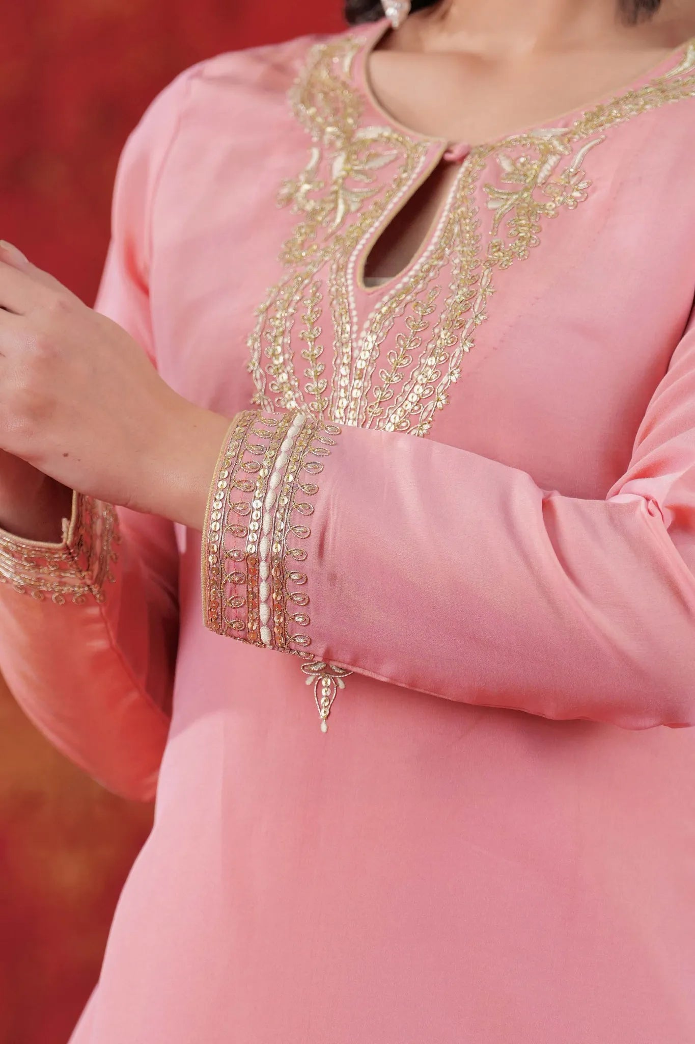 Baby Pink Hand Painted Straight Kurta Dupatta Set