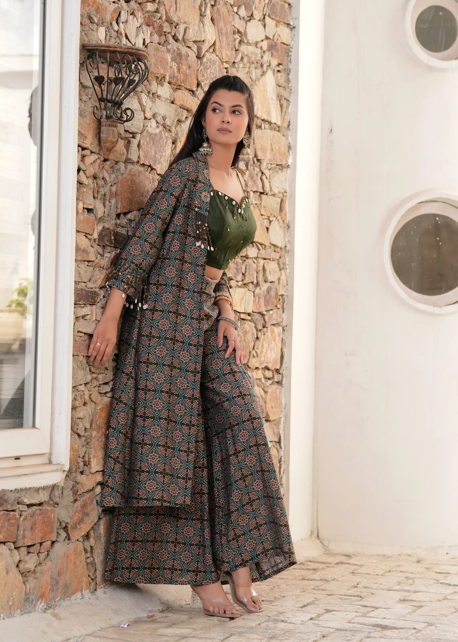 Moss Green Chanderi Jacket & Palazzo Fusion Set
