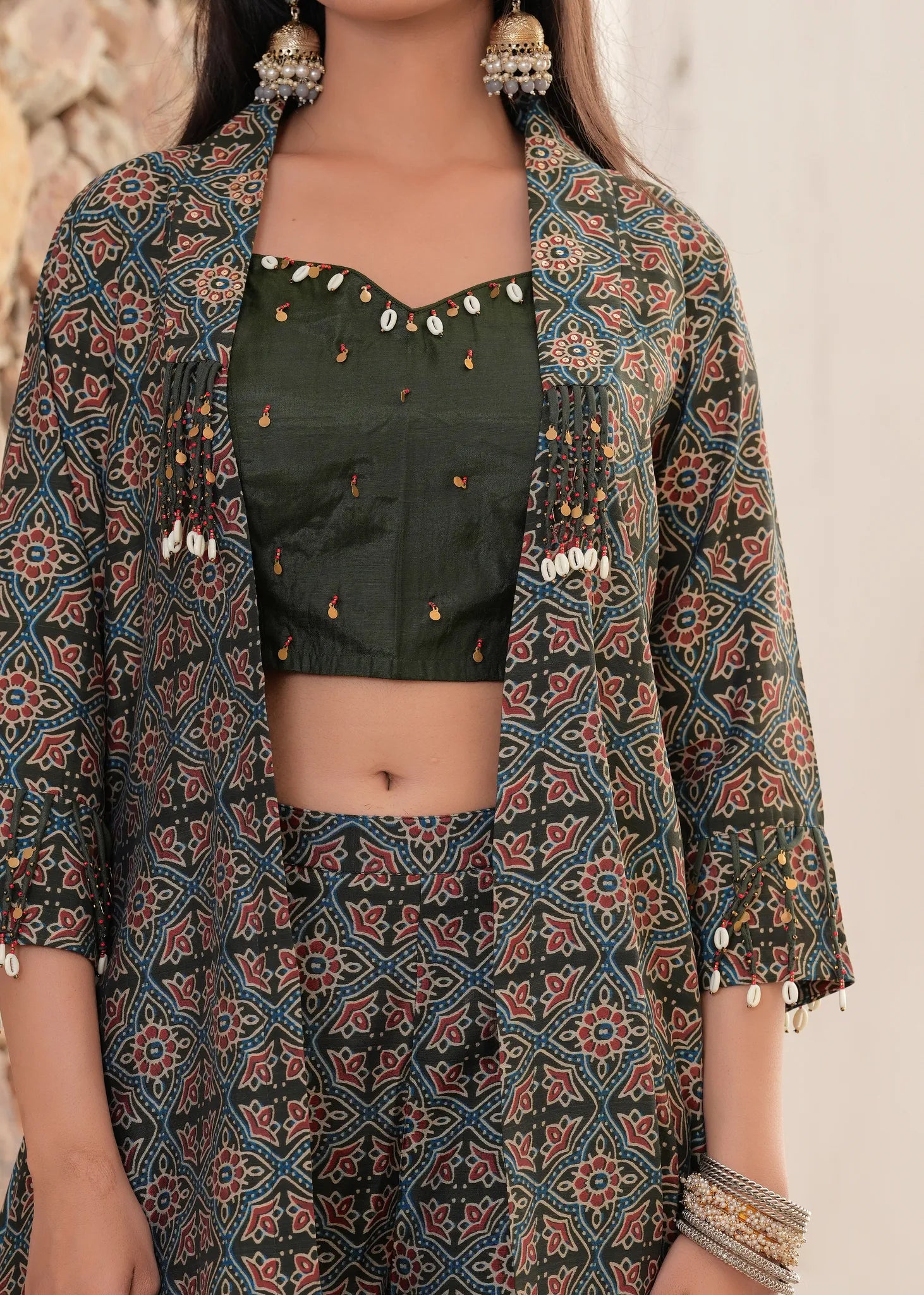 Moss Green Chanderi Jacket & Palazzo Fusion Set