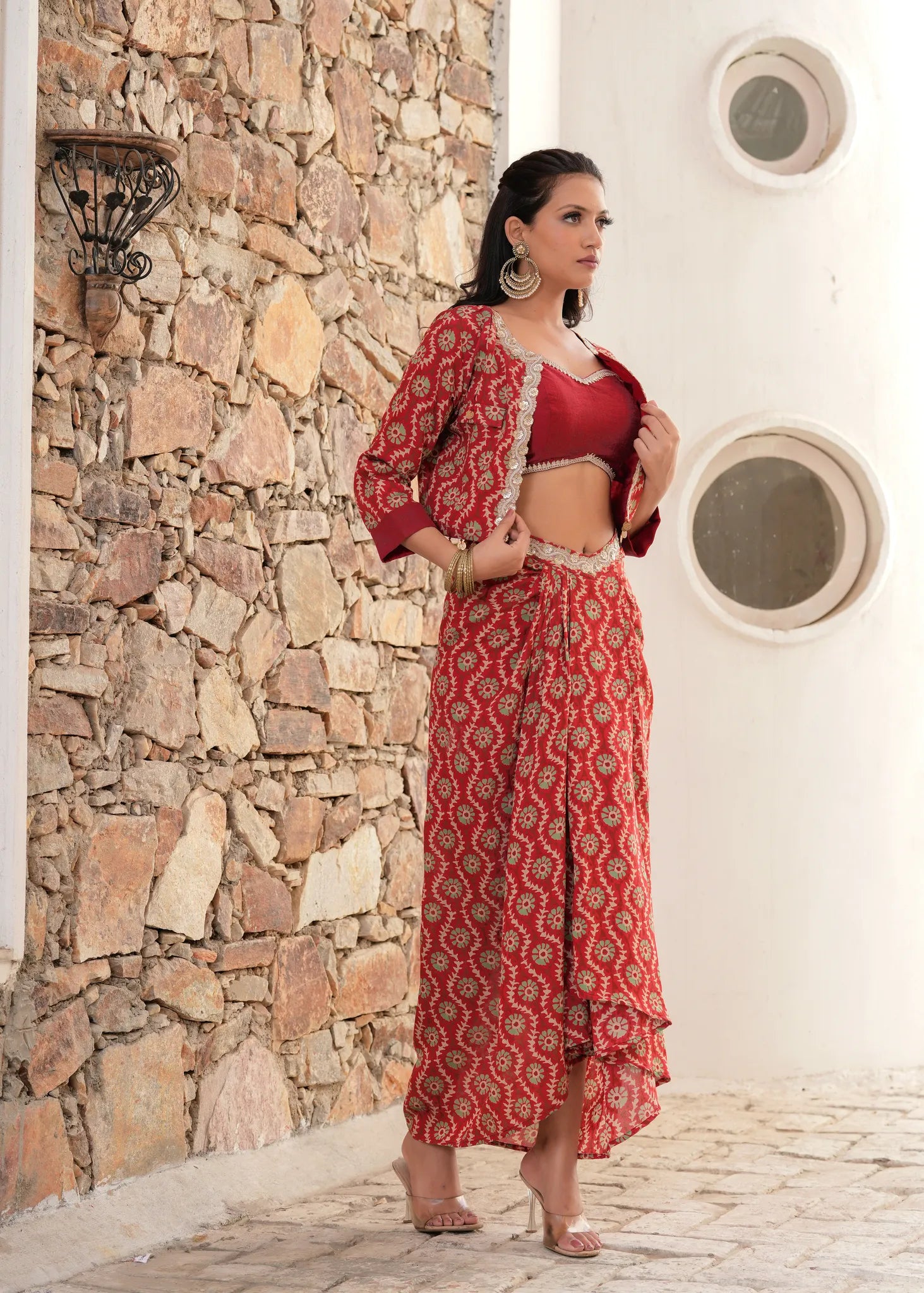 Sindoori Chanderi Jacket Drape Skirt Fusion Set