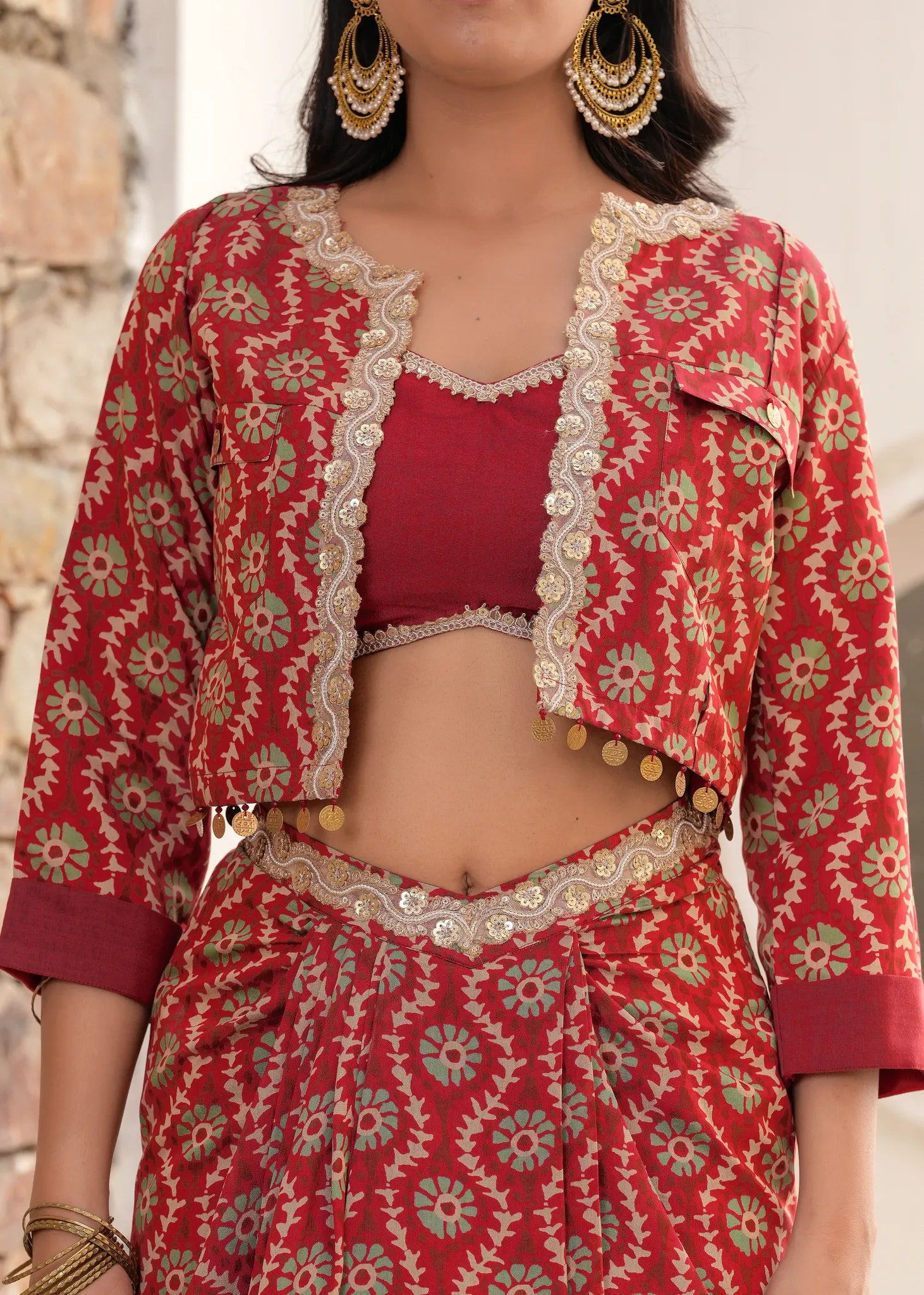 Sindoori Chanderi Jacket Drape Skirt Fusion Set