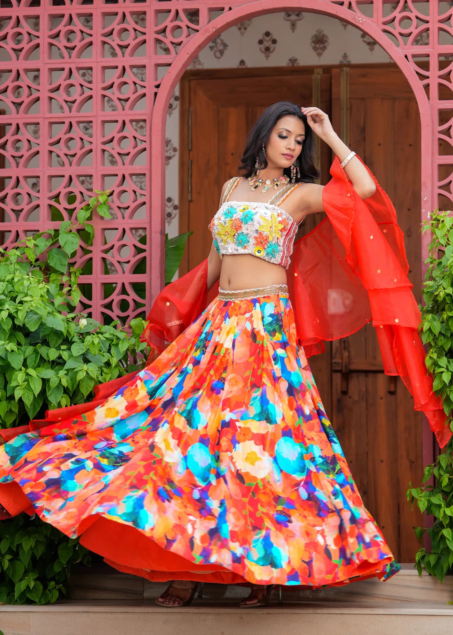 Bed of Lillies Fusion Lehenga Set with Ruffled Dupatta