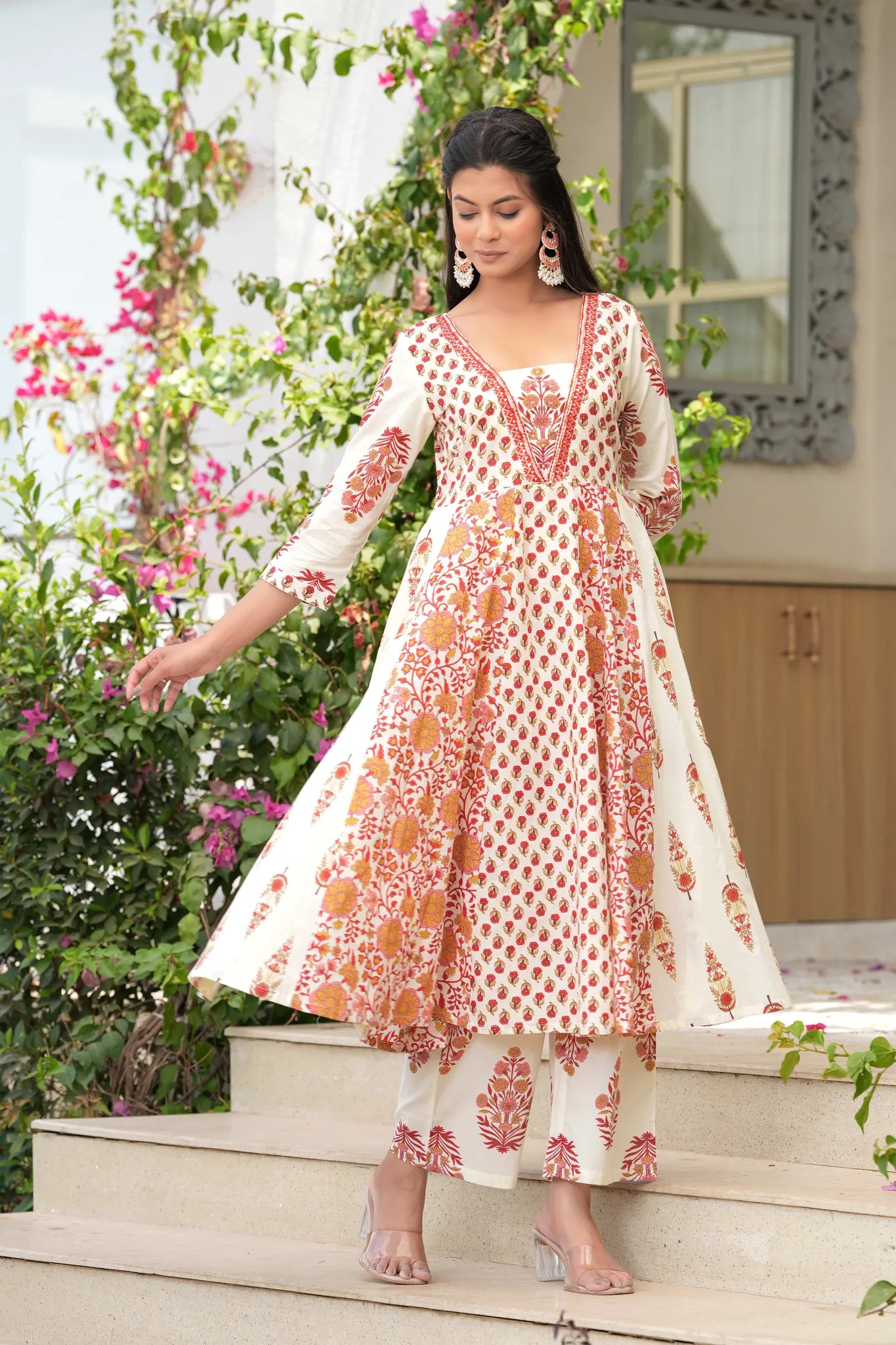 Aarohi Red Mirror Work Cotton Anarkali Set