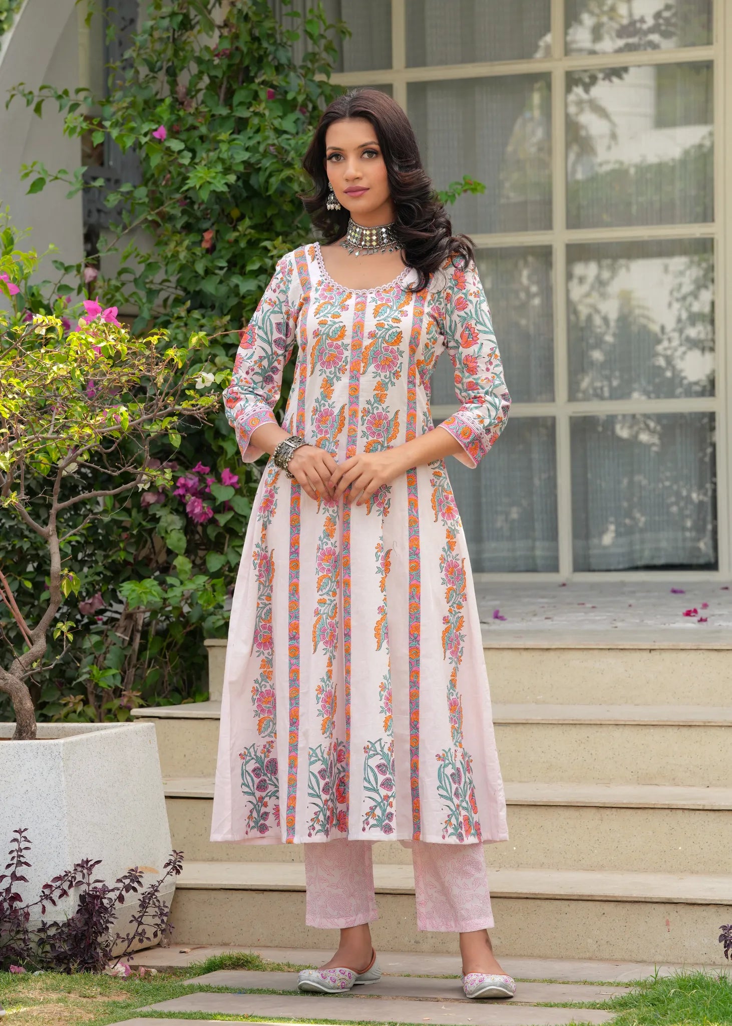Abhaa Rose Quartz Hand Blocked Anarkali Set