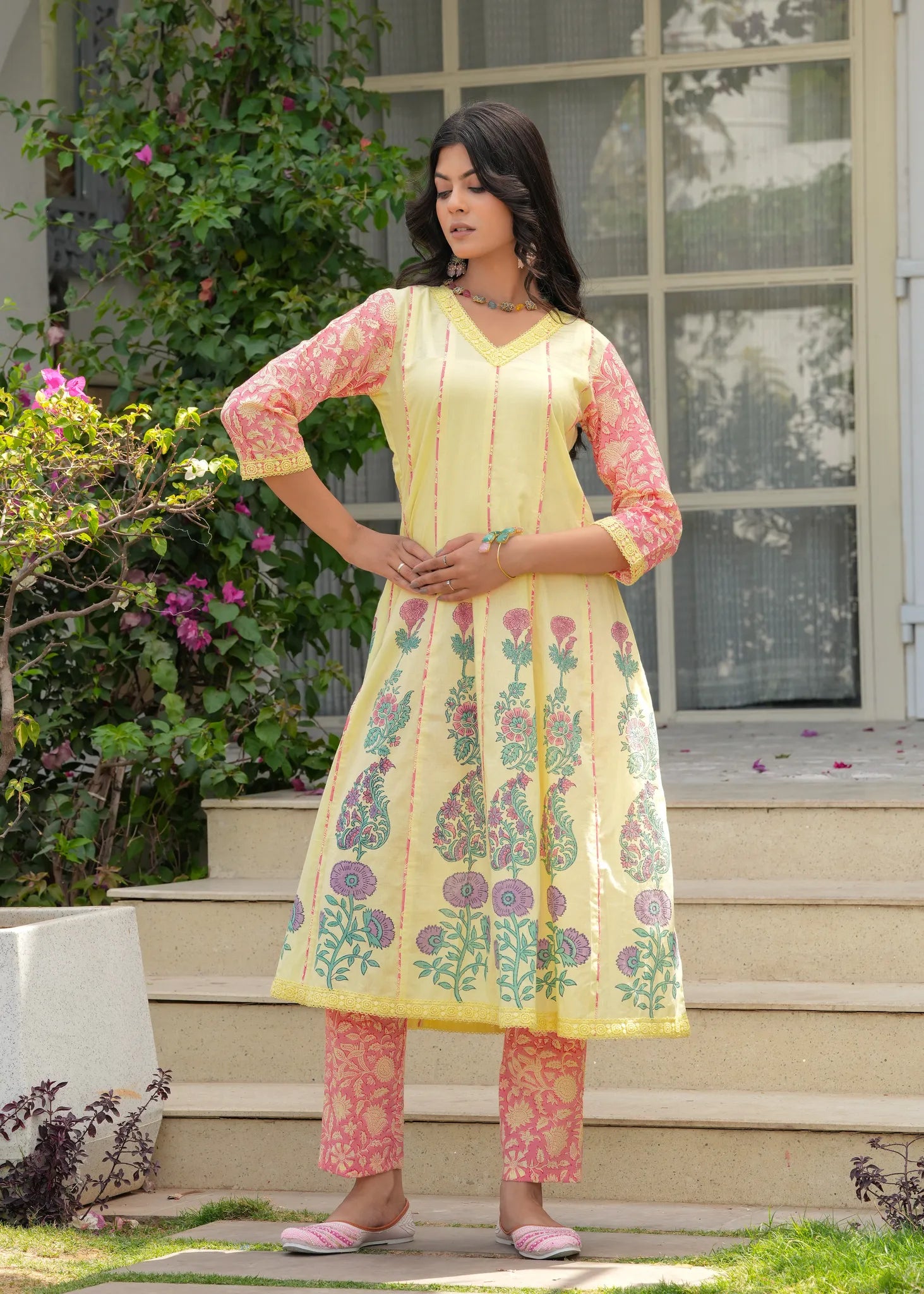 Abhaa Sunset Yellow Hand Block Print Anarkali Set