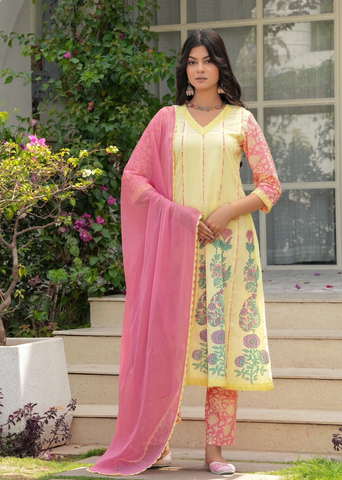 Abhaa Sunset Yellow Hand Block Print Anarkali Set