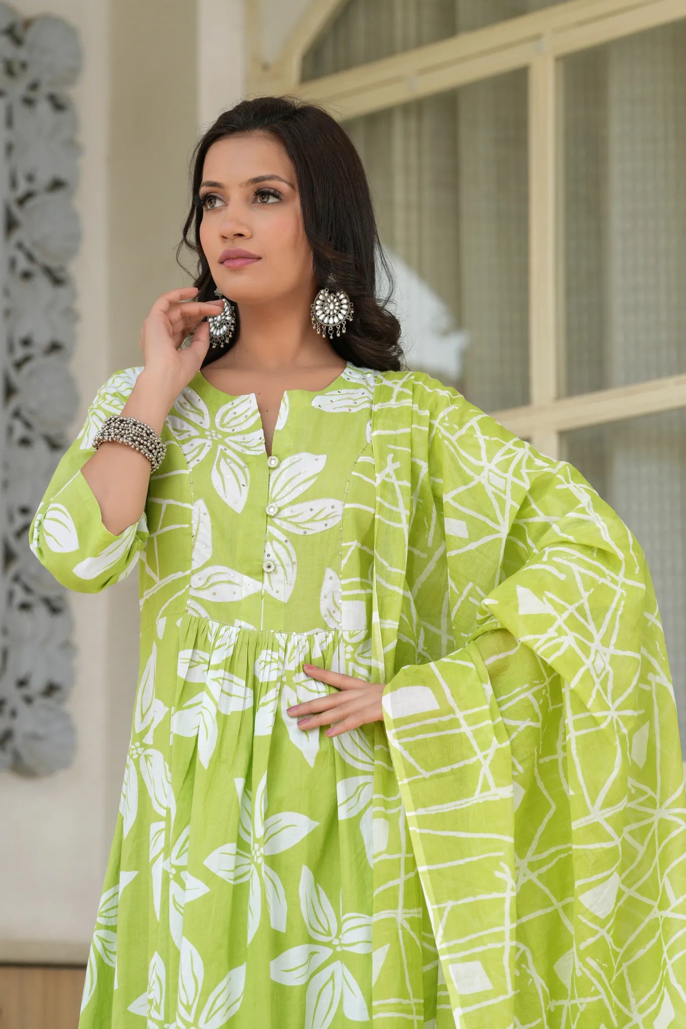 Lime Green A-Line Cotton Kurta Set