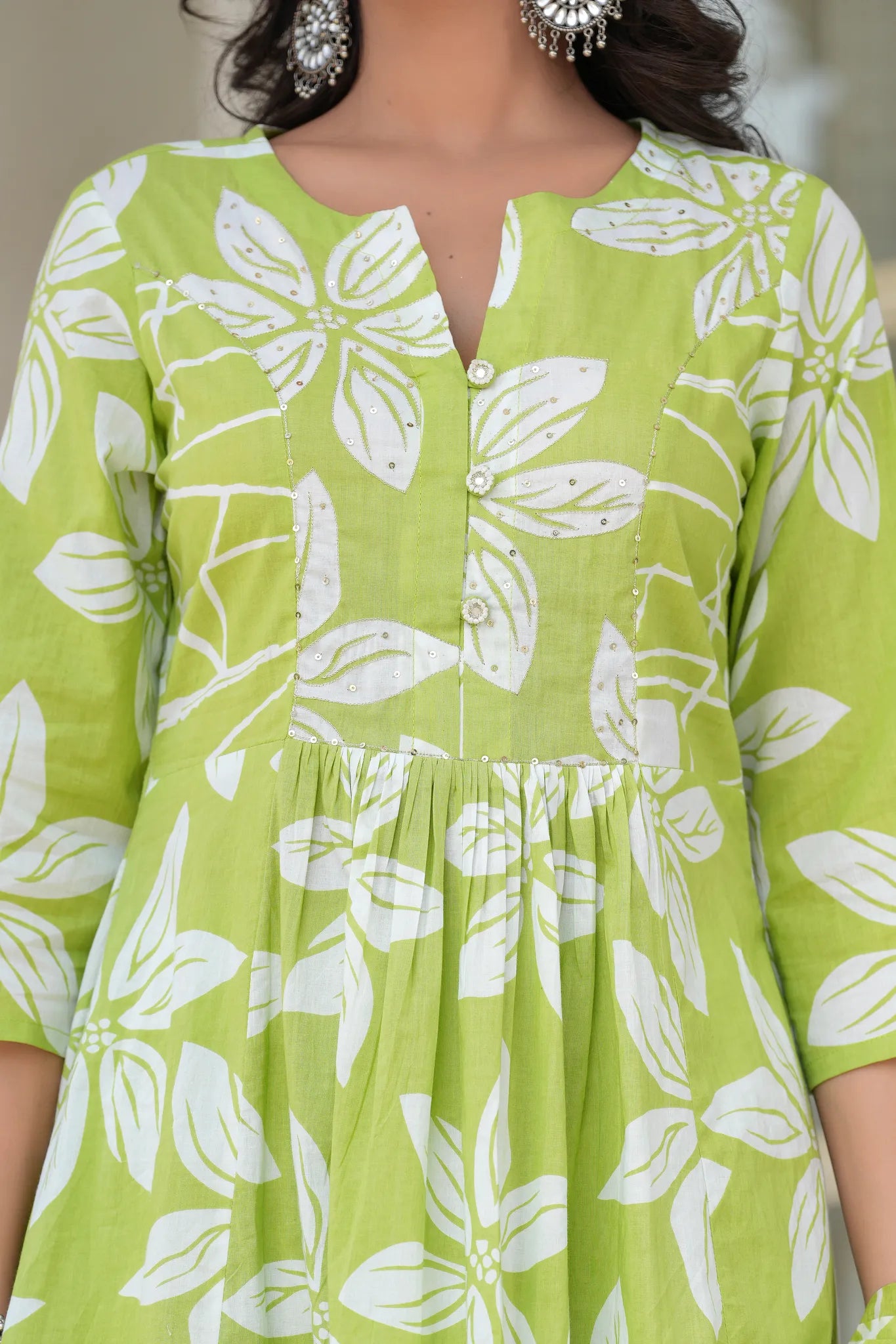 Lime Green A-Line Cotton Kurta Set
